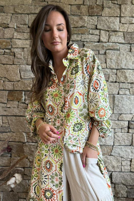 Riad Nights Longline Belted Duster Shirt Green